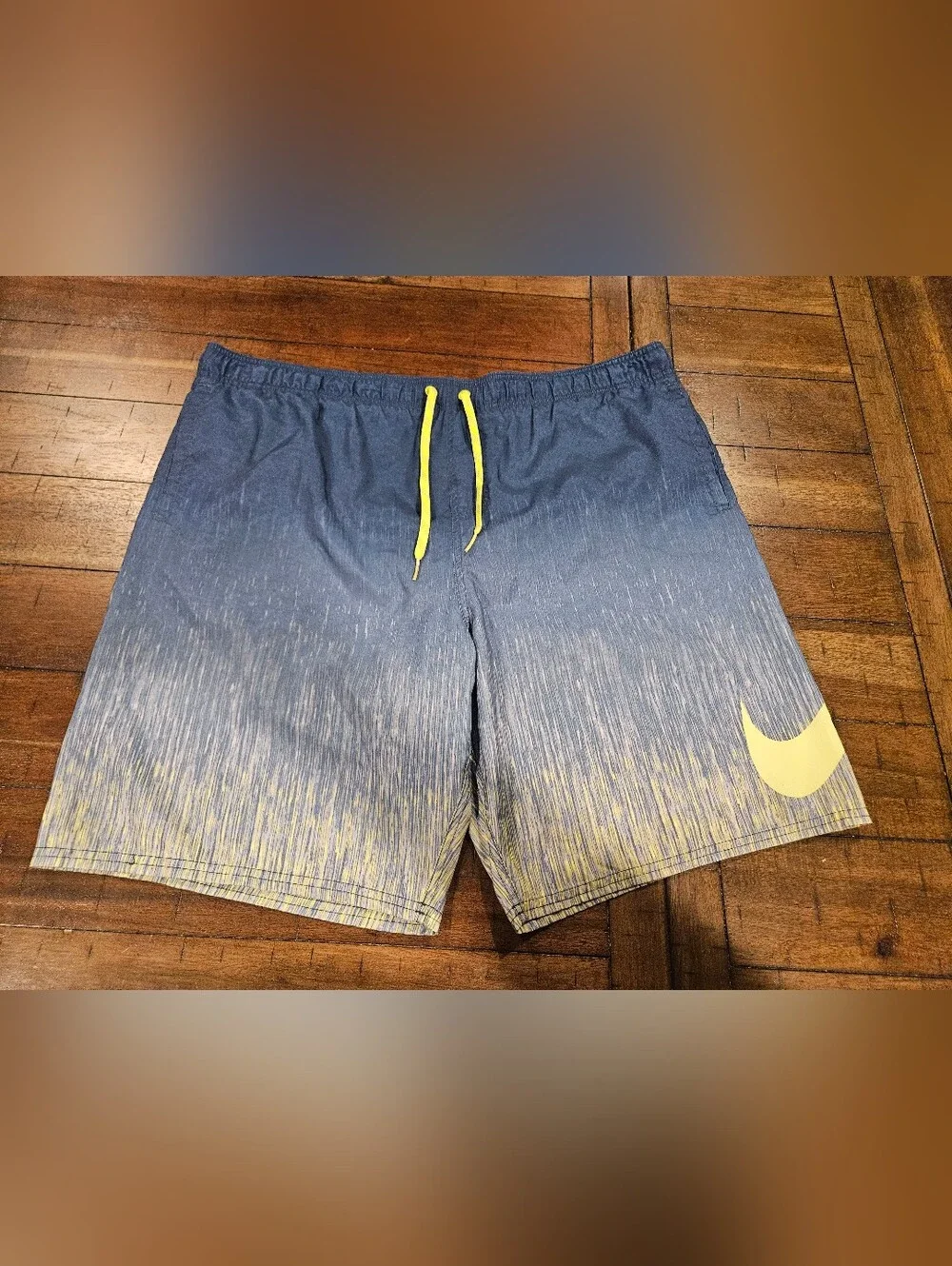 Nike Blue Gradient Swim Trunks with Yellow Swoosh - Size XL
